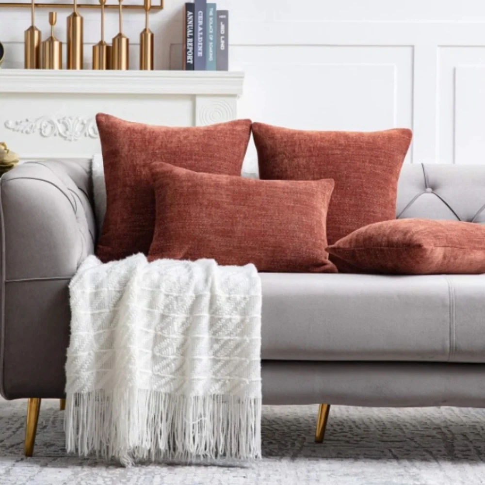 Luxury Home | Rustic Farmhouse Rust Orange Thick Chenille Throw Pillow Covers